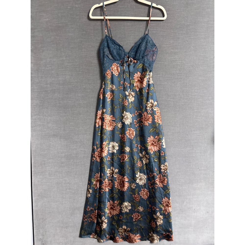 Jessica Simpson Slip Dress M Blue Teal Satin Floral Lace Maxi Boho Y2K 90s Boho